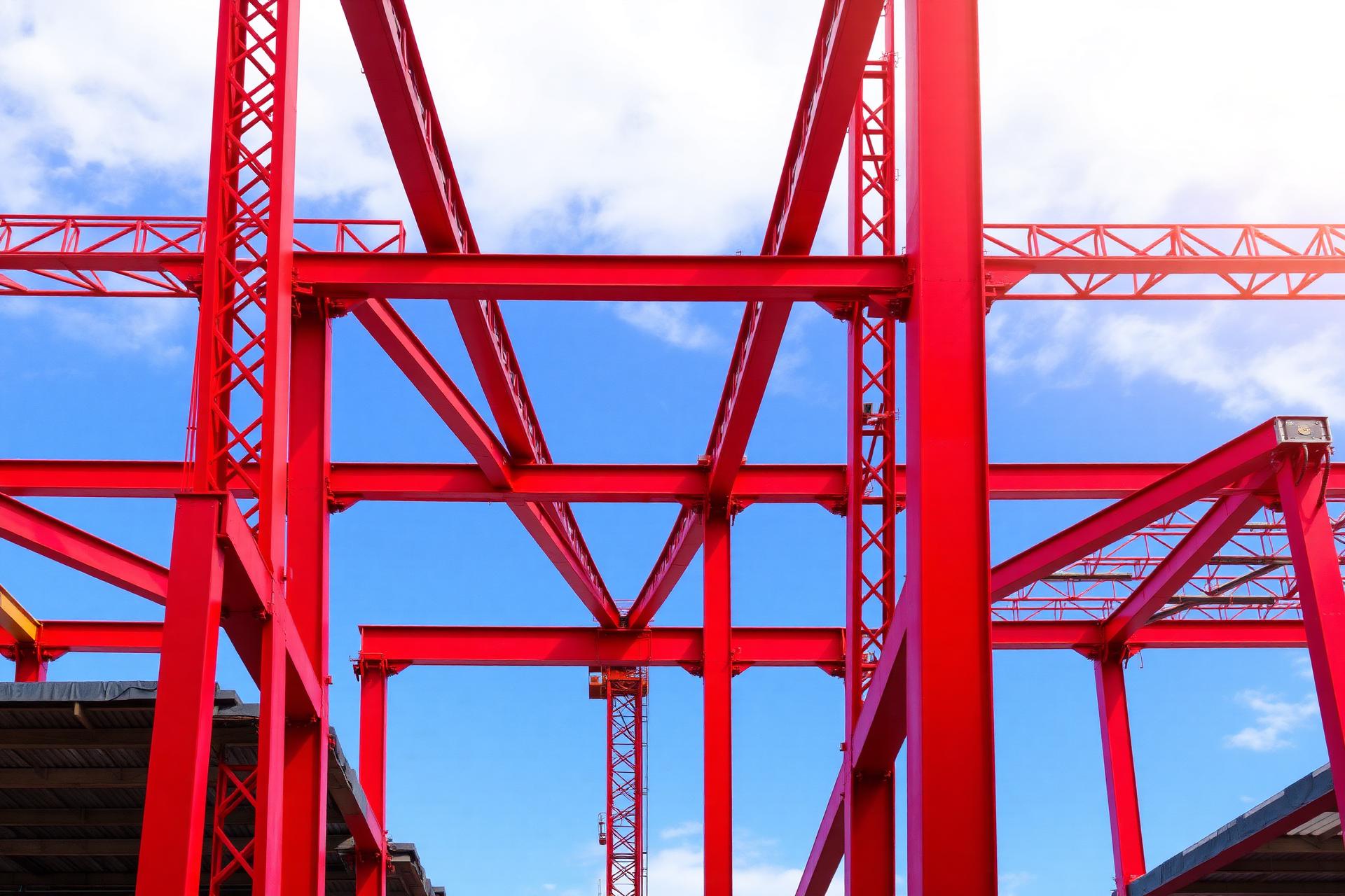 Bright structural steel beams forming a building frame