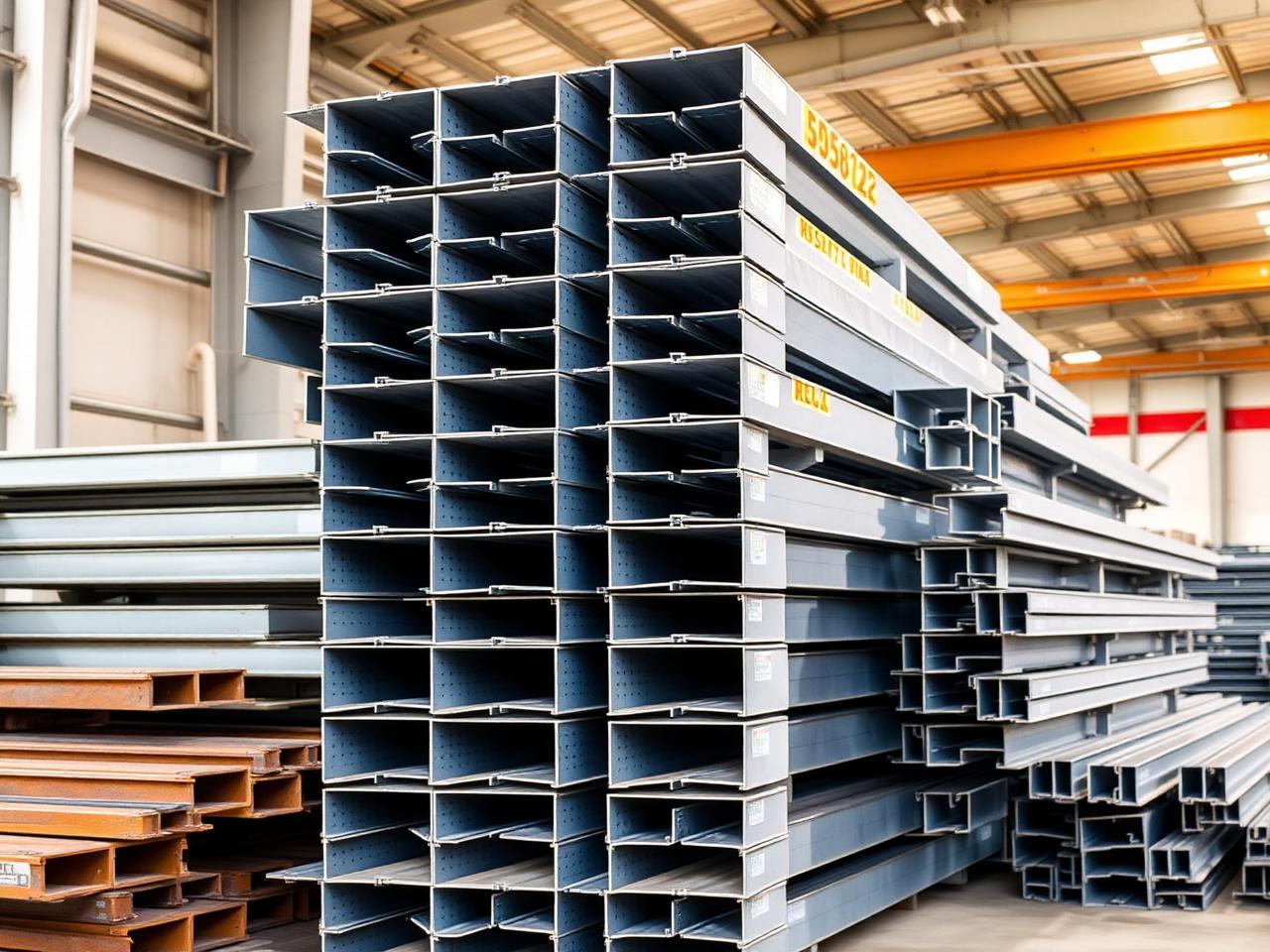 Stacked structural steel sections in a warehouse